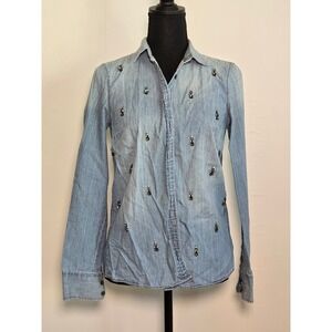 J.Crew Women's Button Down Shirt Size 2 Chambray Embroidered lightweight jewels